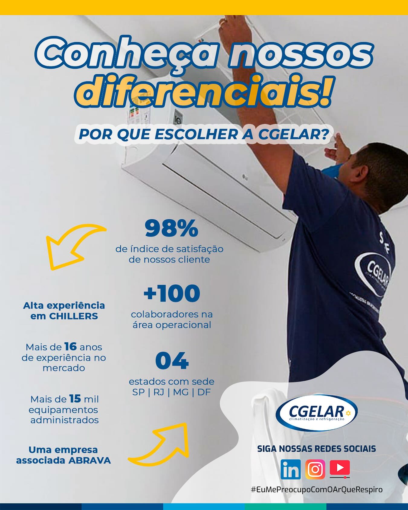 🚀 Por que confiar na CGELAR para cuidar da climatização da sua empresa?
Porque aqui, experiência, tecnologia e compromisso andam juntos para garantir o melhor resultado para o seu negócio.

✅ 98% de satisfação entre nossos clientes
✅ Mais de 16 anos de experiência no mercado
✅ +100 profissionais na operação
✅ Presença em SP, RJ, MG e DF
✅ Mais de 15 mil equipamentos administrados
✅ Especialistas em Chillers
✅ Empresa associada ABRAVA

🔹 Do planejamento à execução, entregamos soluções completas e seguras para climatização corporativa, sempre alinhadas às normas técnicas e às necessidades do cliente.

💡 Sua tranquilidade é o nosso compromisso!

🌐 Acesse: www.cgelar.com.br
📲 Siga nossas redes sociais e conheça mais sobre nosso trabalho.